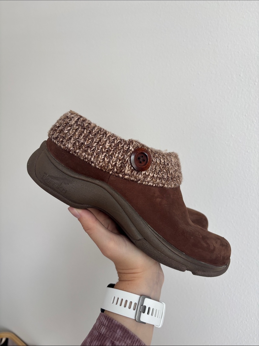 Dansko Kenzie clogs brown leather cozy sweater-knit collar decorative button EUC - Picture 2 of 8